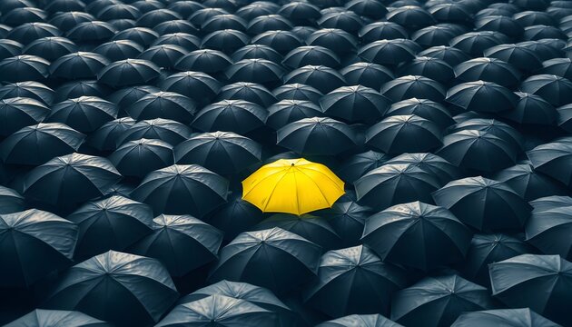 A vibrant yellow umbrella stands out among numerous dark umbrellas in a crowded scene.