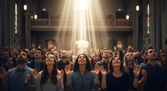 Diverse congregation raising hands and looking up during a churc