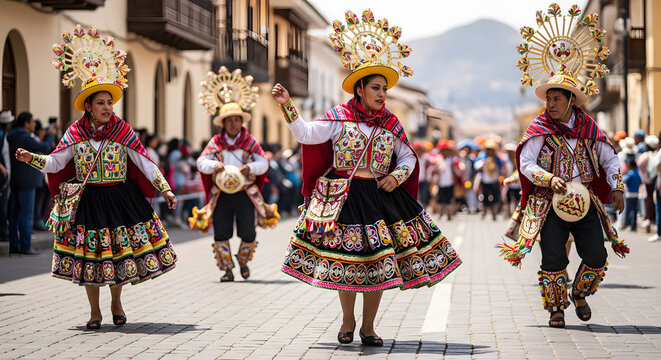 Peruvian dancers in traditional costumes performing on a festive