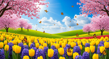 Naklejka premium Scenic view of yellow tulip and purple hyacinth field with cherry blossom trees and butterflies under a blue sky, representing spring, beauty, and nature