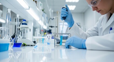 Fototapeta premium Scientist Carefully Pipetting Liquid in Laboratory