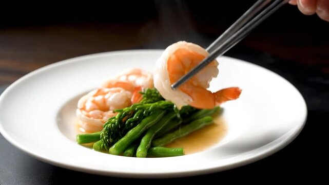 A white plate holds shrimp with green vegetables. Chopsticks lift one shrimp. Steam rises