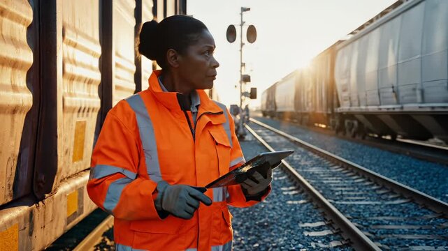 Railway worker inspects freight train with tablet device. Woman engineer checks railroad cargo at sunset. Worker monitors freight logistics. Railway inspection with tablet at train yard sunset.