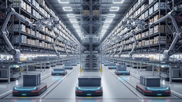 Automated robots transport cargo boxes through a modern industrial warehouse featuring robotic arms and systematic logistics technology.