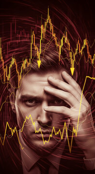Portrait of a concerned man overlaid with a financial chart depicting a downward trend, representing investment risk, economic uncertainty, and market crash