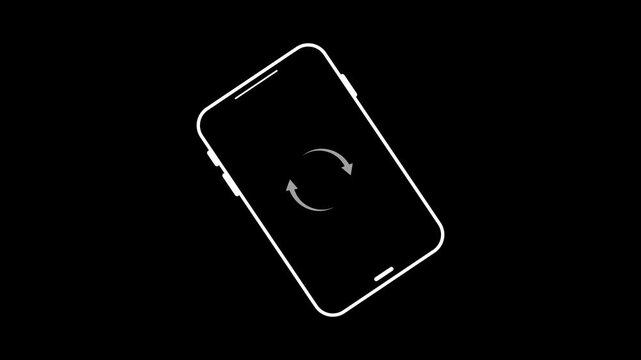Animated White Outline Icon of a Tablet Displaying a Circular Refresh Arrow Symbol on a Black Background, Rotating tablet screen mockup displaying a circular refresh arrow indicating rotation.