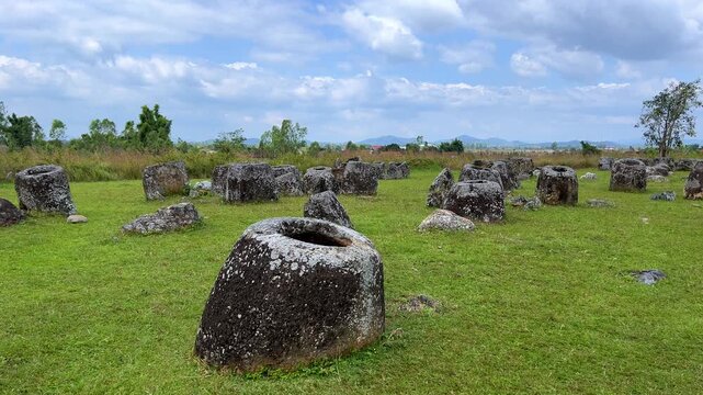 Valley of the Jars, Laos. Phongsavan. Valley of the Jars. The megalithic archaeological landscape consists of thousands of stone jars scattered across the Xiangkhouang Plateau. 4К