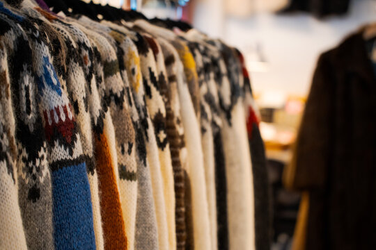 Traditional Icelandic wool sweaters (Lopapeysa) with copy space on the right.