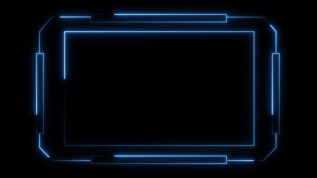 Futuristic Neon Blue Digital Frame with Copy Space and Geometric Accents on animated Black Background, Neon blue line glowing rectangle frame on black background, Digital frame animation video.
