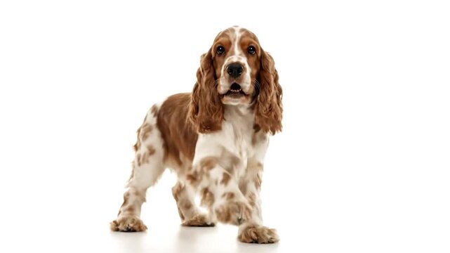 A young Cocker Spaniel stands on white, looking forward with its mouth open