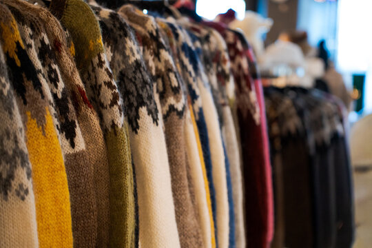 Rows of authentic Icelandic Lopapeysa sweaters at the Reykjavik market