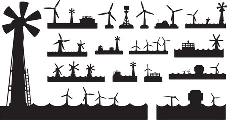 Obraz premium Wind turbines and industrial silhouettes on white background illustration