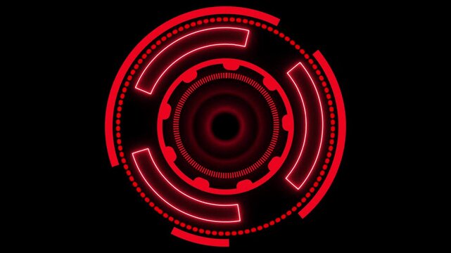 Red Circular Futuristic HUD Element with Concentric Rings and Neon animated Black Background, Futuristic red digital interface with circular HUD elements and icons animation on dark black background.