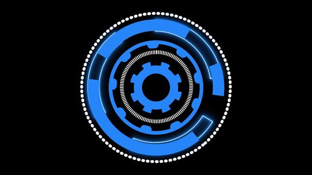 Abstract Blue Circular HUD Element with Gears and Dots on animated Black Background, Futuristic blue digital interface with circular HUD elements and icons animation on dark black background.