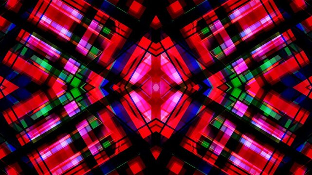 Symmetrical abstract pattern with vibrant red, pink, green, and blue plaid lines creating a kaleidoscopic effect.
