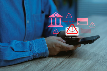 Man using mobile banking security breach alert on smartphone screen, system hack warning, phishing email risk, cyber attack on financial data, online fraud protection and cybersecurity threat concept © Kanokwan