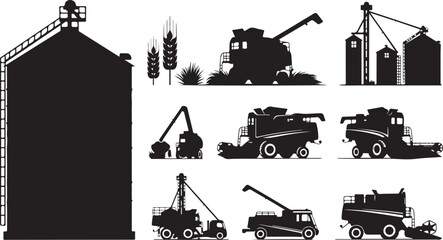 Obraz premium Black silhouettes of farm machinery and buildings illustration set