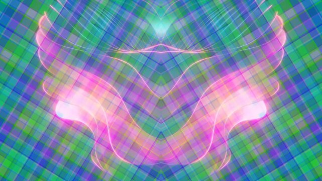 Abstract representation of a glowing, winged entity with vibrant, checkered background.
