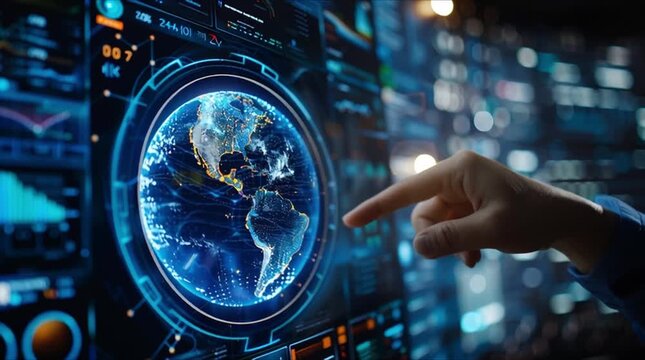 Interactive precision data analysis dashboard with glowing 3D globe and digital UI elements (AI Generated)