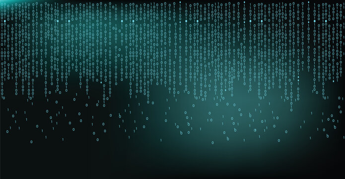 Glowing binary code rain on dark background futuristic cyber data stream digital technology programming and hacking concept