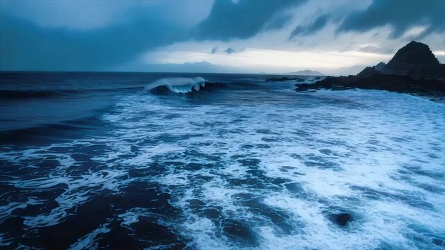 Dramatic coastal scene with dark waves crashing near rocky shore under moody, overcast skies