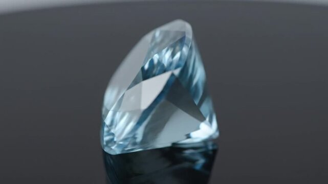 Sparkling blue faceted gemstone on dark reflective surface