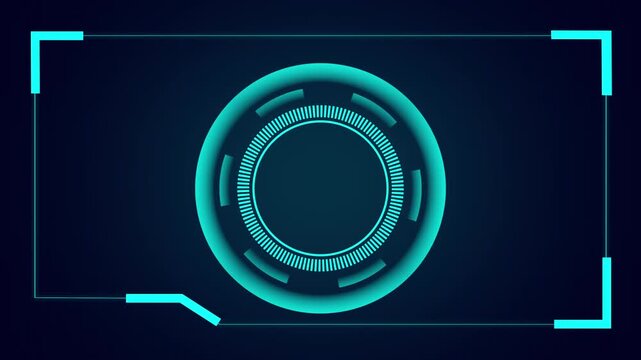 Futuristic Neon Cyan Circular HUD Element with Corner Brackets on Dark Blue animated Background,Cyan Neon Circular Digital Interface with Radial Glow on hud element frame.