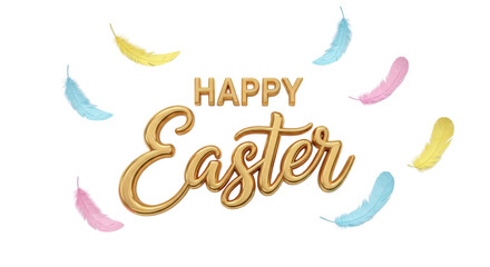 Obraz premium Happy Easter 3D Gold Text with Pastel Feathers isolated PNG with Transparent Background
