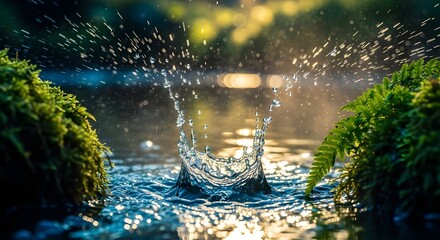 Hermoso manantial detallado cerca de un arroyo de agua dulce con plantas verdes jóvenes. Banner horizontal, concepto de primavera. Fondo abstracto de naturaleza salvaje al aire libre. Imagen genera