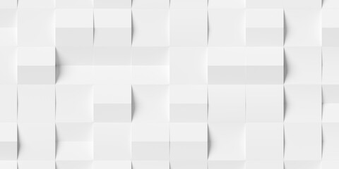 Obraz premium Grid of white cubes or boxes with randomly shifted center line background wallpaper banner, flat lay