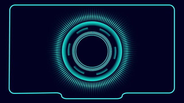 Glowing Cyan Radial HUD Element with Neon Frame and Dark Blue animated Background, Digital cyan radial hud element with neon frame animation, Digital cyan radial hud element on blue background.