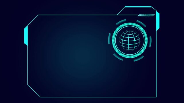 Futuristic Digital Interface with a Glowing Blue Globe Icon and Copy Space technology animated, Futuristic Blue Neon Frame with Globe and Dark Background border geometric animation.