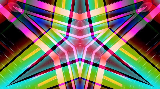 A vibrant, abstract, kaleidoscopic starburst pattern with intersecting geometric lines and bold colors.