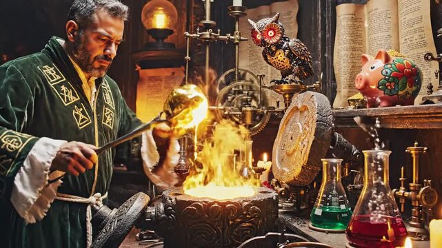 Alchemist man working with glowing purple crystal in mystical lab
