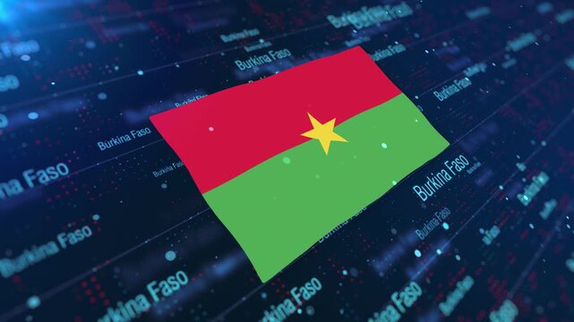 Burkina Faso Flag Waving on Abstract Digital Background with Glowing Elements