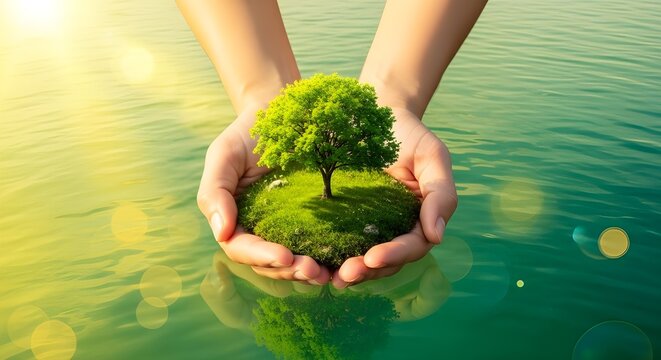 medio ambiente D&iacute;a de la Tierra En manos de &aacute;rboles que crecen pl&aacute;ntulas.
 Bokeh fondo verde mano femenina sosteniendo un &aacute;rbol en el campo natural hierba concepto de conservaci&oacute;n forestal