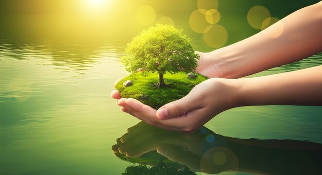 medio ambiente D&iacute;a de la Tierra En manos de &aacute;rboles que crecen pl&aacute;ntulas.
 Bokeh fondo verde mano femenina sosteniendo un &aacute;rbol en el campo natural hierba concepto de conservaci&oacute;n forestal