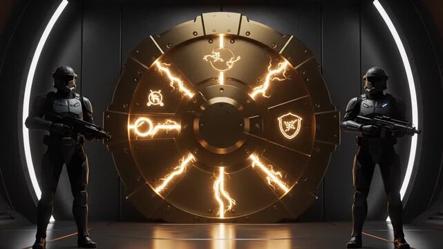 Armored guards protecting glowing futuristic vault door in secure chamber