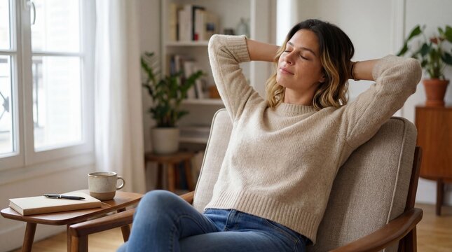 Femme en pause m&eacute;ditative dans la douceur du foyer