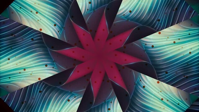 Abstract kaleidoscopic pattern with swirling teal and purple floral elements and scattered dots.