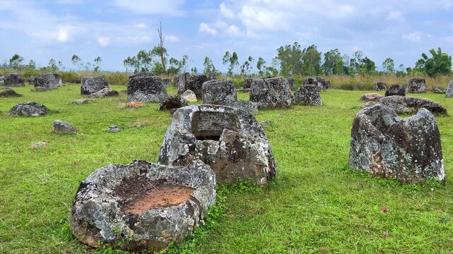 Valley of the Jars, Laos. Phongsavan. Valley of the Jars. The megalithic archaeological landscape consists of thousands of stone jars scattered across the Xiangkhouang Plateau. 4К