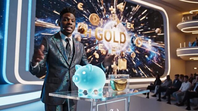 African American speaker presents finance concepts on futuristic stage