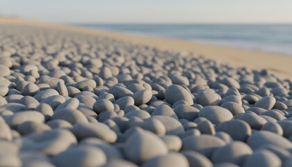 Smooth Grey Pebbles On A Serene Beach With Blurred Ocean Backdrop