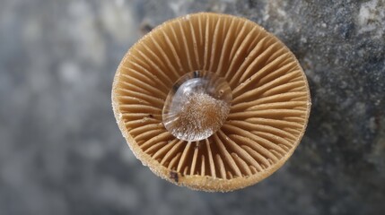 Close-up of a mushroom cap revealing intricate gills with a single, clear dewdrop resting at its center.