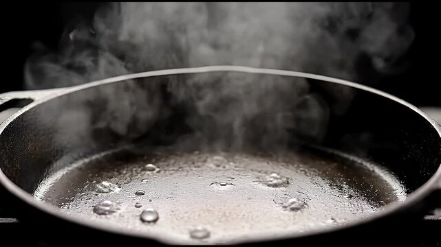 Water Droplets Evaporating and Steaming in Hot Cast Iron Pan Close-Up