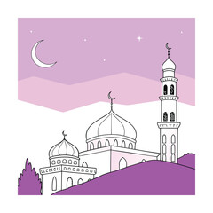 Fototapeta premium A serene night scene of a mosque with a crescent moon and stars in the sky