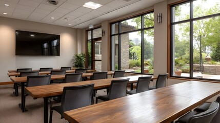Fototapeta premium Modern employee training classroom with ample natural light and outdoor garden views