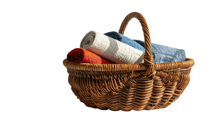 Obraz premium Assorted Rolled Textile Fabrics in Wicker Basket, Isolated