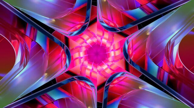 A vibrant, abstract, kaleidoscopic pattern with a central pink starburst surrounded by geometric, iridescent, and colorful shapes.