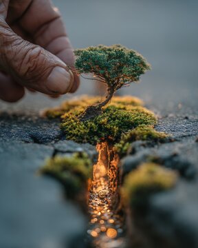 hand planting seed in cracked concrete